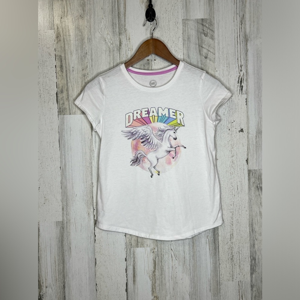 Wonder Nation Kids Glitter DREAMER Unicorn Top White Pink Size XL 14-16